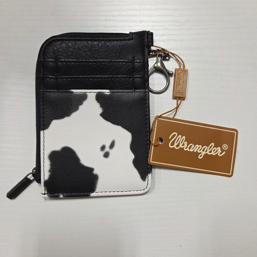 Wrangler Womens Cow Print Card Holder Wallet Keychain Vegan Leather Black White